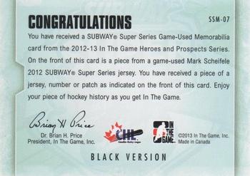 2012-13 In The Game Heroes and Prospects - Subway Super Series Jersey #SSM-07 Mark Scheifele Back