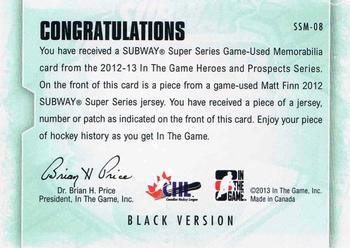 2012-13 In The Game Heroes and Prospects - Subway Super Series Jersey Patches #SSM-08 Matt Finn Back