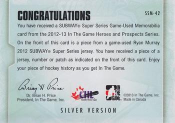 2012-13 In The Game Heroes and Prospects - Subway Super Series Jersey Patches Silver #SSM-42 Ryan Murray Back