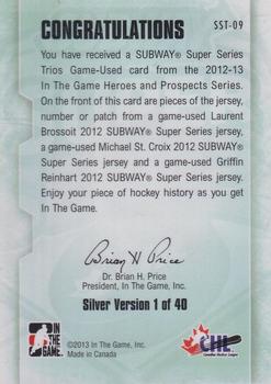 2012-13 In The Game Heroes and Prospects - Subway Super Series Trios Jerseys #SST-09 Laurent Brossoit / Michael St. Croix / Griffin Reinhart Back
