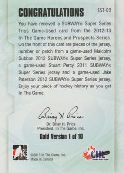 2012-13 In The Game Heroes and Prospects - Subway Super Series Trios Jerseys Gold #SST-02 Malcolm Subban / Stuart Percy / Jake Paterson Back