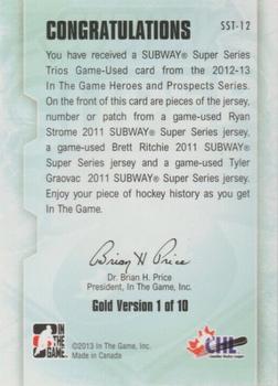2012-13 In The Game Heroes and Prospects - Subway Super Series Trios Jerseys Gold #SST-12 Ryan Strome / Brett Ritchie / Tyler Graovac Back