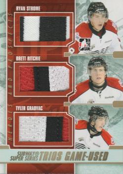 2012-13 In The Game Heroes and Prospects - Subway Super Series Trios Jerseys Gold #SST-12 Ryan Strome / Brett Ritchie / Tyler Graovac Front