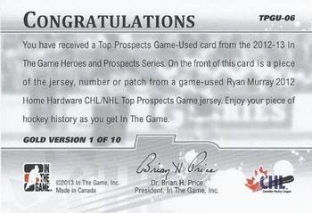 2012-13 In The Game Heroes and Prospects - Top Prospects Jerseys Gold #TPGU-06 Ryan Murray Back
