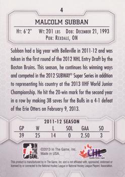 2012-13 In The Game Between The Pipes #4 Malcolm Subban Back