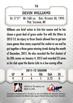 2012-13 In The Game Between The Pipes #16 Devin Williams Back
