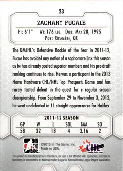 2012-13 In The Game Between The Pipes #23 Zachary Fucale Back