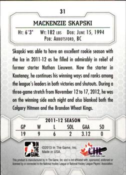 2012-13 In The Game Between The Pipes #31 Mackenzie Skapski Back