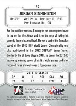 2012-13 In The Game Between The Pipes #45 Jordan Binnington Back