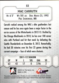 2012-13 In The Game Between The Pipes #52 Mac Carruth Back