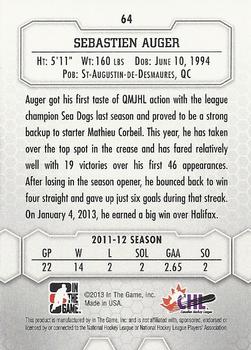 2012-13 In The Game Between The Pipes #64 Sebastien Auger Back