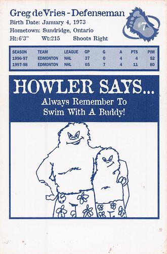 1998-99 Colorado Avalanche Howler Says #NNO Greg de Vries Back