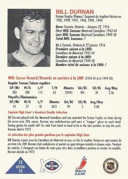 1993-94 High Liner Greatest Goalies #12 Bill Durnan Back