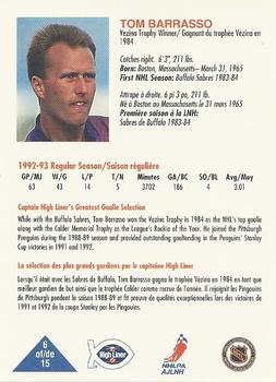 1993-94 High Liner Greatest Goalies #6 Tom Barrasso Back