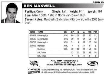 2009-10 Choice AHL Top Prospects #13 Ben Maxwell Back