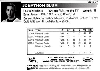 2009-10 Choice AHL Top Prospects #27 Jonathan Blum Back