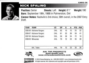 2009-10 Choice AHL Top Prospects #28 Nick Spaling Back