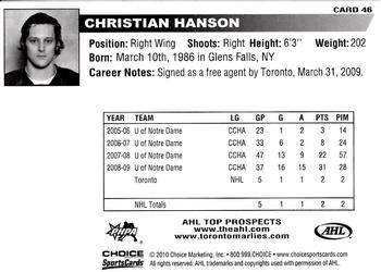 2009-10 Choice AHL Top Prospects #46 Christian Hanson Back