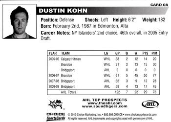 2009-10 Choice AHL Top Prospects #8 Dustin Kohn Back