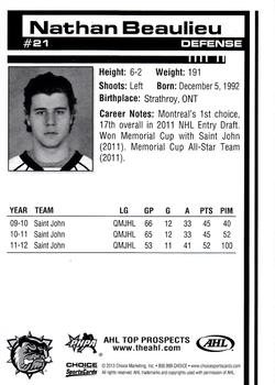 2012-13 Choice AHL Top Prospects #21 Nathan Beaulieu Back