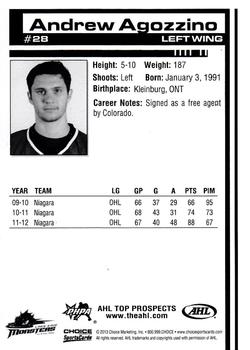 2012-13 Choice AHL Top Prospects #28 Andrew Agozzino Back