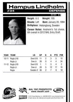 2012-13 Choice AHL Top Prospects #34 Hampus Lindholm Back