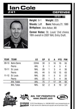 2012-13 Choice AHL Top Prospects #41 Ian Cole Back