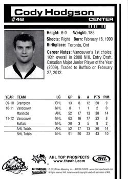 2012-13 Choice AHL Top Prospects #48 Cody Hodgson Back