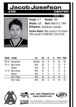 2012-13 Choice AHL Top Prospects #6 Jacob Josefson Back