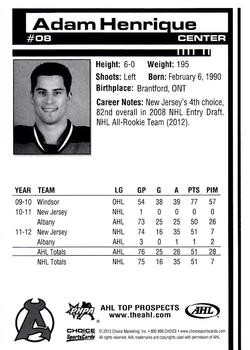2012-13 Choice AHL Top Prospects #8 Adam Henrique Back