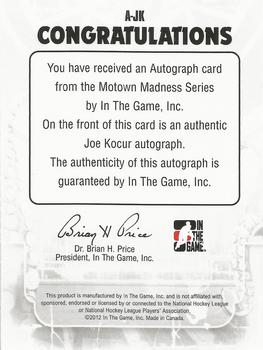 2012-13 In The Game Motown Madness - Autographs #A-JK Joey Kocur Back
