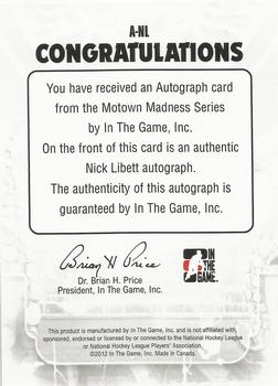 2012-13 In The Game Motown Madness - Autographs #A-NL Nick Libett Back
