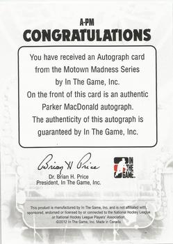 2012-13 In The Game Motown Madness - Autographs #A-PM Parker MacDonald Back