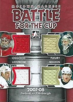 2012-13 In The Game Motown Madness - Battle For The Cup Jerseys #BFC-01 Chris Osgood / Nicklas Lidstrom / Marc-Andre Fleury / Evgeni Malkin Front