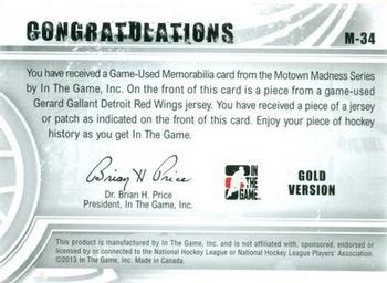 2012-13 In The Game Motown Madness - Game Used Jersey Gold #M-34 Gerard Gallant Back
