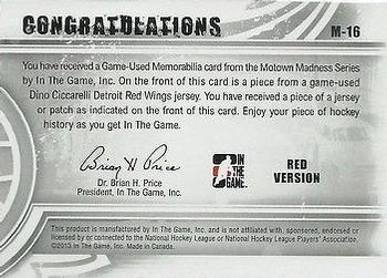 2012-13 In The Game Motown Madness - Game Used Patch Red #M-16 Dino Ciccarelli Back