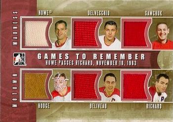 2012-13 In The Game Motown Madness - Games To Remember Jerseys #GTR-04 Gordie Howe / Alex Delvecchio / Terry Sawchuk / Charlie Hodge / Jean Beliveau / Henri Richard Front