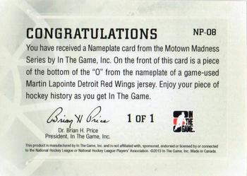 2012-13 In The Game Motown Madness - Nameplate #NP-08 Martin Lapointe Back