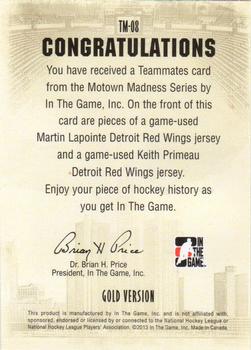 2012-13 In The Game Motown Madness - Teammates Jerseys Gold #TM-08 Martin Lapointe / Keith Primeau Back