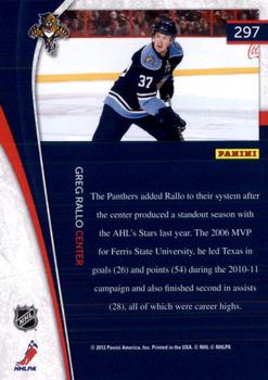 2011-12 Panini Rookie Anthology - Pinnacle Ice Breakers #297 Greg Rallo Back