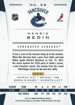 2012-13 Panini Rookie Anthology #26 Henrik Sedin Back