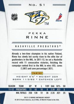 2012-13 Panini Rookie Anthology #51 Pekka Rinne Back
