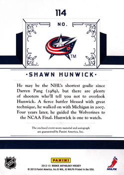 2012-13 Panini Rookie Anthology #114 Shawn Hunwick Back