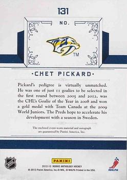 2012-13 Panini Rookie Anthology #131 Chet Pickard Back