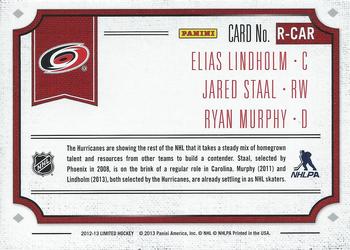 2012-13 Panini Limited - Rookie Redemption #R-CAR Elias Lindholm / Jared Staal / Ryan Murphy Back