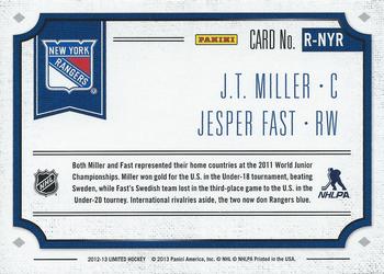 2012-13 Panini Limited - Rookie Redemption #R-NYR J.T. Miller / Jesper Fast Back