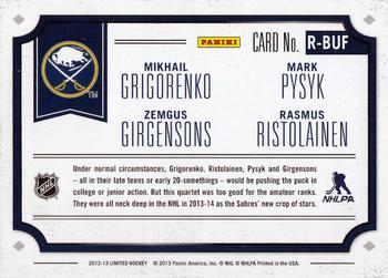 2012-13 Panini Limited - Rookie Redemption #R-BUF Mikhail Grigorenko / Zemgus Girgensons / Mark Pysyk / Rasmus Ristolainen Back