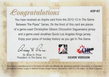 2012-13 In The Game Between The Pipes - Aspire Jerseys Silver #ASP-07 Christopher Gibson / Jonathan Quick Back
