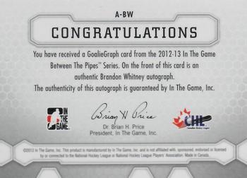 2012-13 In The Game Between The Pipes - Authentic Goaliegraphs #A-BW Brandon Whitney Back
