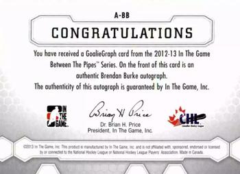 2012-13 In The Game Between The Pipes - Authentic Goaliegraphs #A-BB Brendan Burke Back
